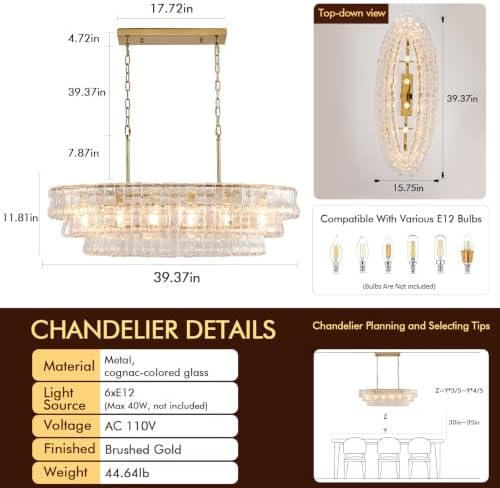 39in Large Chandelier Gold, Modern Dining Room Light Fixtures, 3 Layer Luxury Glass Chandelier 6 Light Rectangular Chandeliers for Dining Room Kitchen Island Living Room (Clear Glass) - Image 2