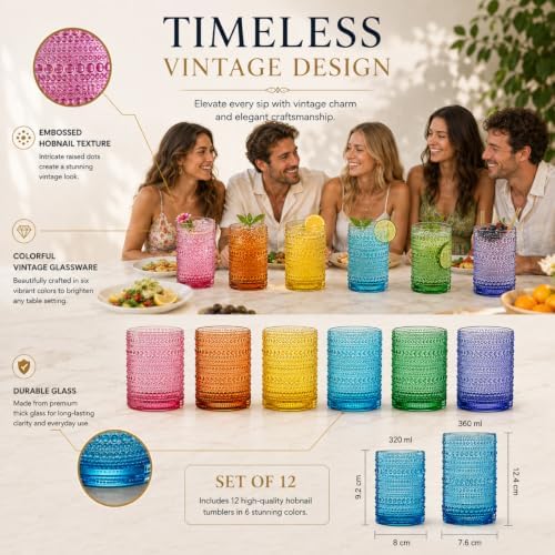 Khen Hobnail Beaded Highball Drinking Tumbler Glasses | Set of 12 | Color, Vintage Bubble Design Whiskey Glassware, Old-Fashioned, Embossed Design for Water, Wine, Cocktail Embossed, Rocks Glass - Image 3