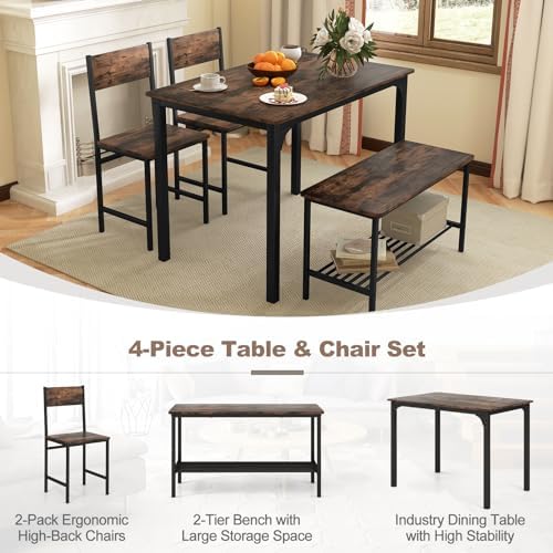 Giantex Dining Table Set for 4, Kitchen Table with Bench and Chairs, Industrial Gathering Bench Dining Set W/Metal Frame & Storage Rack, Dinette Set, Modern Functional Desk Set (Rustic Brown) - Image 6