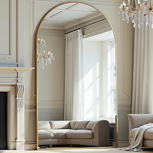 Prywot Full Length Mirror, Oversized 77"x38" Arched-Top Floor Mirror, Gold by Prywot