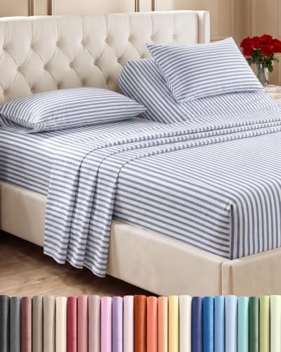Flex Top Split Head King 4 Piece Sheet Set - Soft & Cooling - Blue Stripes by CGKUnlimited
