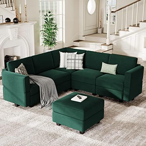 Belffin Modular Sectional Sofa with Storage Seats Velvet L Shaped Corner Couch Convertible Sectional Sofa with Chaise (Green, L Shape-1)… by Belffin