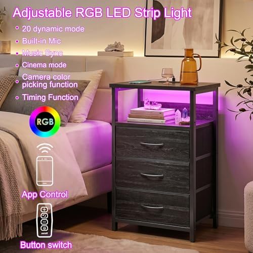 Fixwal Night Stand with 3 Fabric Drawers, Nightstand with Charging Station - Image 4