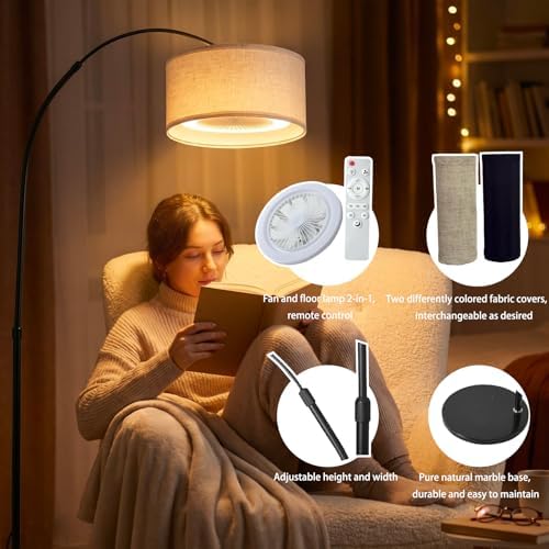 Arc Floor Lamp with Fan Dimmable Standing Lamp with Remote 3 Color Temperatures Adjustable for Living Room Bedroom Bright Reading Lamp with Marble Base - Image 4