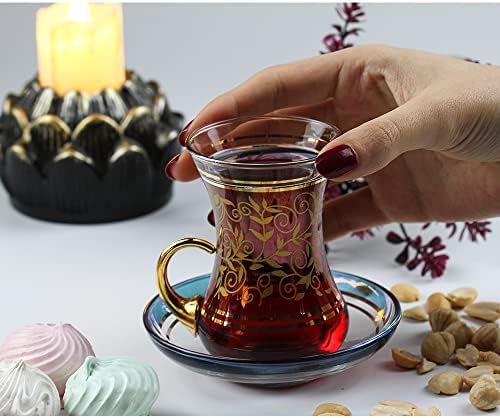 Vintage Turkish Tea Glasses Cups and Saucers Set of 6 Handle Drinkware Drink Bar Fancy Teapots Serving Glassware Drinking Kitchen Women Moroccan Persian Teacups Party Art Deco - Image 2