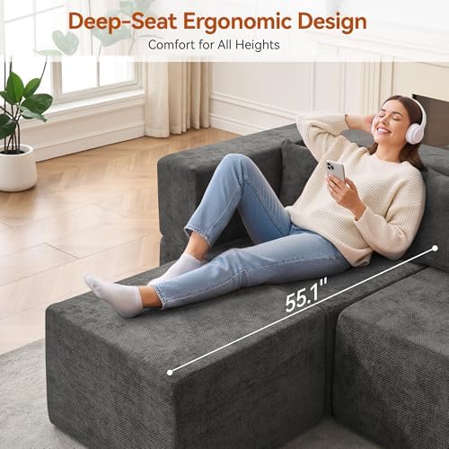MONVANE 103'' Modular Sectional Sofa, Comfy Chenille Cloud Couch with Ottoman, Modern Convertible L Shaped Couch with Deep Seat, Sectional Couches for Living Room, Bedroom and Apartment, Grey - Image 5