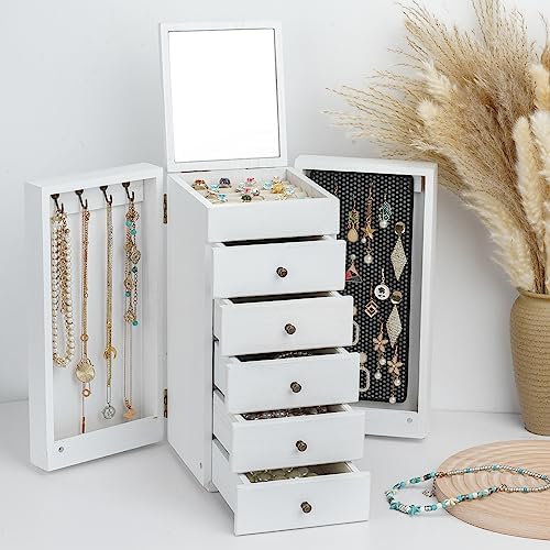Meangood Jewelry Box Wood for Women, 6-Layer Large Organizer Box with Mirror & 5 Drawers for Rings, Earrings, Necklaces, Vintage Style, White by Meangood