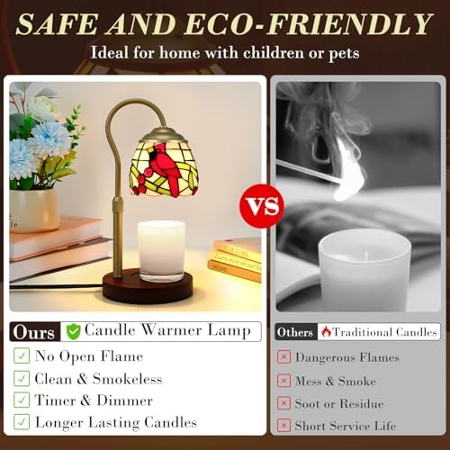 Candle Warmer Lamp with Timer Dimmer, Adjustable Height Candle Warmer for Jar Candles, Birthday Gifts for Women New Home Bedroom Decor Tiffany Red Cardinal Style Stained Glass with 2 Bulbs - Image 6