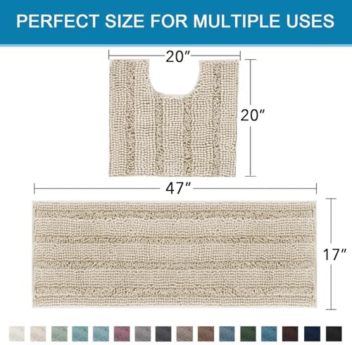 H.VERSAILTEX Bathroom Rug Sets 2 Piece Bath Mats Non Slip Thick Soft Chenille Striped Bath Rug achine Washable Shower Floor Rugs for Tub, Shower and Floor (Fog, 47"x17" Plus 20"x20" U) - Image 2