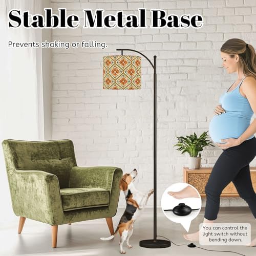 Arc Floor Lamp Geometric Floral Tile Bold Orange Teal Blue Colors Dimmable Modern Standing Lamp with Remote Adjustable Drum Shade Footswitch Tall Pole Lamp for Living Room Bedroom - Image 4