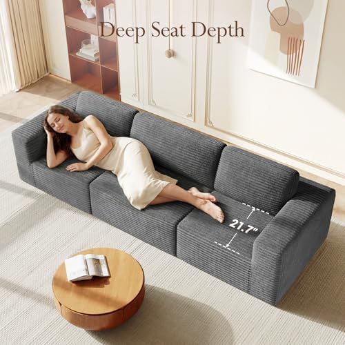 Vesgantti 119" Modular Sectional Sofa, Corduroy Cloud Couch with Deep Seating & Spring Support, 3 Seater Flexible Layout Sofa, Boneless Couch for Living Room & Apartment, No Assembly Required, Grey - Image 6
