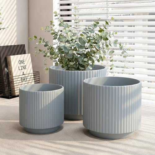 Oakrain Plant Pots with Vertical Stripes 7.8/6.5/5.2 inch, Set of 3 Modern Decorative Planters for Indoor Outdoor Plants, Flower Pot with Drainage Holes, Ceramic Blue by Oakrain