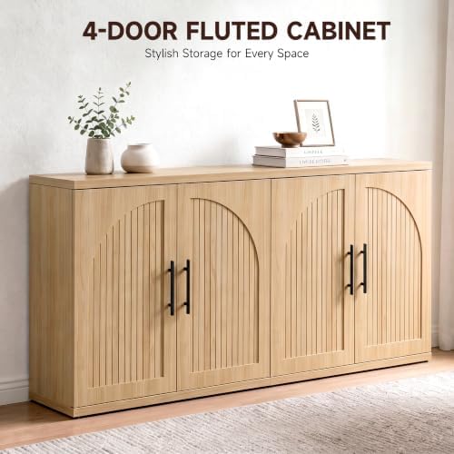 Jocoevol 63" Fluted Oak Buffet Cabinet Sideboard with Storage, Large Credenza with 4 Doors, Wood Mid Century Modern Sideboard for Kitchen and Living Room (63" W*31.5" H*15.8" D) - Image 5