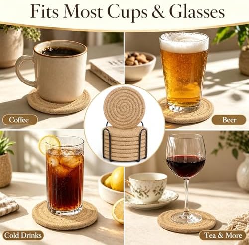 ABenkle 8 Pcs Drink Coasters with Holder, Jute Woven Absorbent Coasters for Drinks, Boho Minimalist Home Decor Coaster Set for Coffee Wooden Tabletop Protection Table, 4.3 inches - Image 4