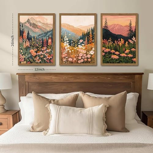Boho Colorful Landscape Wall Art Set of 3, Vintage Wildflower Mountain Canvas Wall Decor Paintings, Rustic Nature Floral Pictures Prints for Living Room Bedroom 12x16 Inch Wood Framed - Image 3