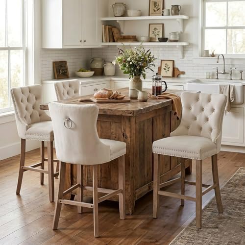 SoarFlash Modern Velvet Upholstered Bar Stools Set of 4 with Wood Legs, Button Tufted,Chrome Nailhead, Counterstool Seat, Armless Bar Chairs (Beige) by SoarFlash