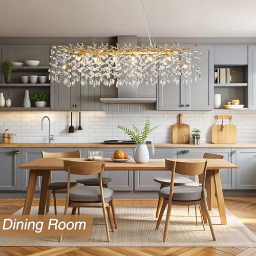 47.2" Modern Crystal Chandelier, 14-Light Gold Tree Branch Chandelier for Dining Room, Luxury Rectangular K9 Crystal Raindrop Chandeliers Light Fixture for Kitchen Island, Living Room, Foyer, Bedroom - Image 3