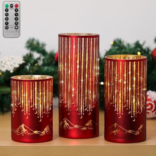 Starry Night Elegant Hurricane Candleholders with LED Flickering Lights & Remote Timer, Decorative Glass Hurricanes for Indoor Table Centerpieces & Year-Round Home Decor, Set of 3 (Red) by Ashroder