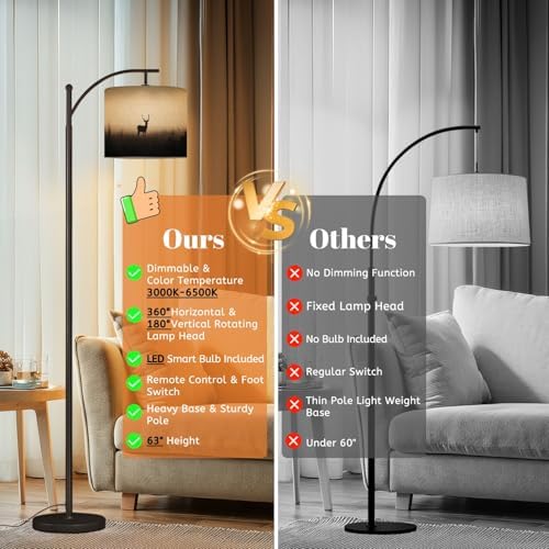 Arc Floor Lamp Silhouette Deer Big Antlers Foggy Dimmable Modern Standing Lamp with Remote Adjustable Drum Shade Footswitch Tall Pole Lamp for Living Room Bedroom - Image 7