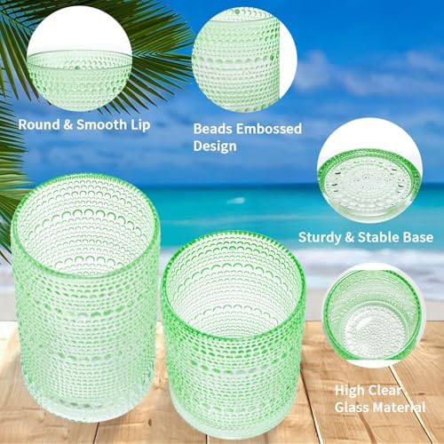Hobnail Beaded Drinking Glasses Set of 12, 12 oz & 15oz Vintage Glassware Set Romantic Water Glasses Tumbler, Water Cups, Embossed Glassware Set for Beer, Juice, Cocktail, Soda, Beverages Green - Image 2