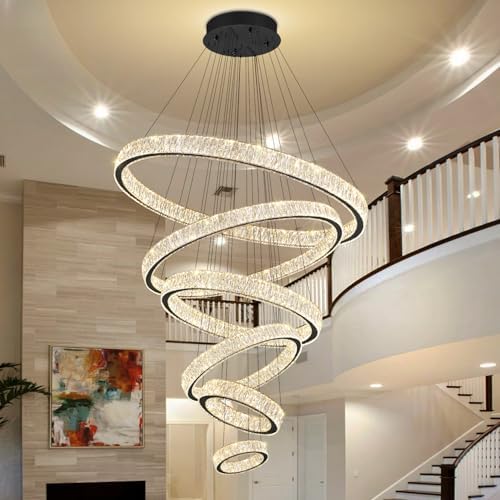 Extra Large 6 Ring Crystal Chandelier Modern LED Long Crystal Chandelier for High Ceiling Height Adjustable Black D8+15.7"+23.6"+31.5"+39.4"+47.5" Dimmable 2700K-6000K - Image 5