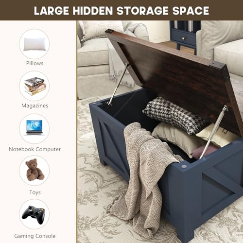jimeimen Farmhouse Lift Top Coffee Table with Storage, Wood Square Center Table with Charging Station&USB Port, Living Room Table w/Large Hidden Space, for Living Room, Bedroom, Home Office, Blue - Image 3