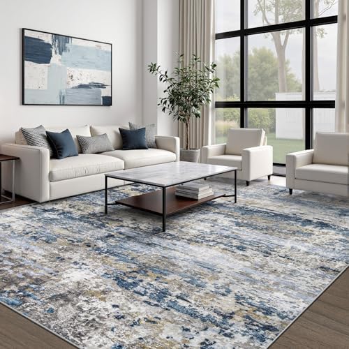 pmtsns Area Rugs 10x12 Living Room: Washable Rug Modern Abstract Neutral Soft Non-Slip Low-Pile Indoor Large Carpet for Bedroom Dining Room Playroom Home Office (Blue Grey Brown, 10'x12') - Image 2