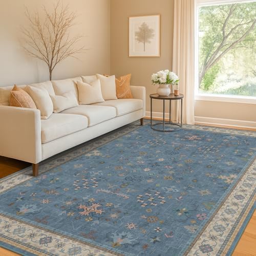 Boho 6x9 Living Room Rugs - Modern Dark Blue Dining Room Rug for Under Table, Lightweight Washable Foldable Low Pile Carpet, Eclectic Floral Bedroom Décor Aesthetic by HazoHaus