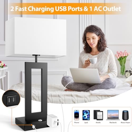 27.2’’ Tall Black Table Lamps for Living Room Bedroom, Bedside Touch Control Lamps with 2 USB Ports&AC Outlet, 3 Color Temp.&Stepless Dimming Desk Lamp Sets for Home Office, Pre-assembled White Shade - Image 6