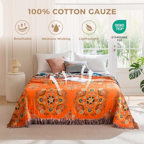 LUTBM Boho Throw Blanket for Bed 60"x80", 100% Cotton Orange Couch Blankets - Image 2