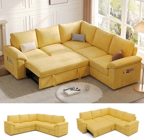 85'' Modular Sectional Sofa with Pull Out Bed, Sleeper Sofa, Yellow by Unknown