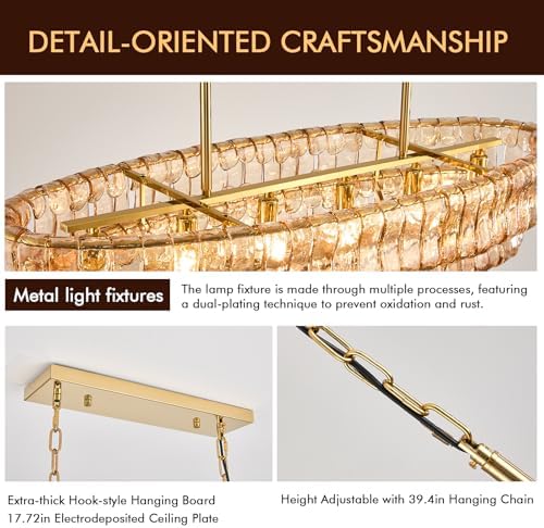40in Large Chandelier Gold, Modern Dining Room Light Fixtures, 3 Layer Luxury Glass Chandelier 6 Light Rectangular Chandeliers for Dining Room Kitchen Island Living Room (Amber Glass) - Image 3