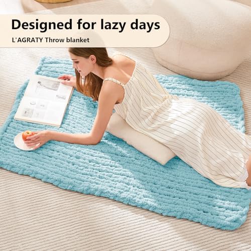L'AGRATY Chunky Knit Throw Blanket for Couch, 40 x 50 Inches, Light Blue - Image 2