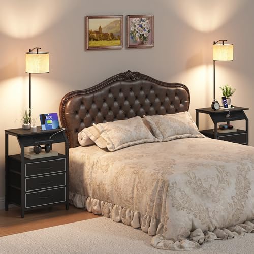 End Table with Floor Lamp Set of 2, Nightstand with Charging Station, Floor Lamp Table with 3-Color Temperature Bulb, Bedside Table Night Stand with 3 Drawers for Bedroom, Living Room, Black - Image 3
