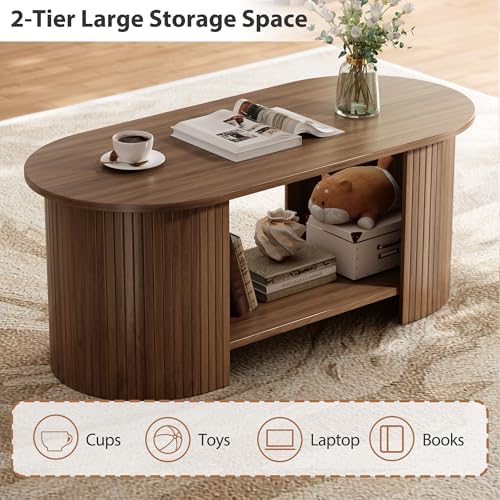 42" Oval Fluted Coffee Table, 2-Tier Center Table with Large Storage, Mid-Century Modern Wood Coffee Table for Living Room, Home Office, Small Space, Walnut - Image 3
