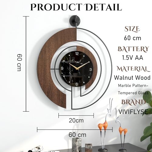 Modern Walnut Marble Dial Wall Clock, Large Wood Metal Frame Silent Non Ticking Wall Clocks for Living Room, Bedroom Decoration, Contemporary Home Wall Decor Gift Idea, 26.4 in - Image 2