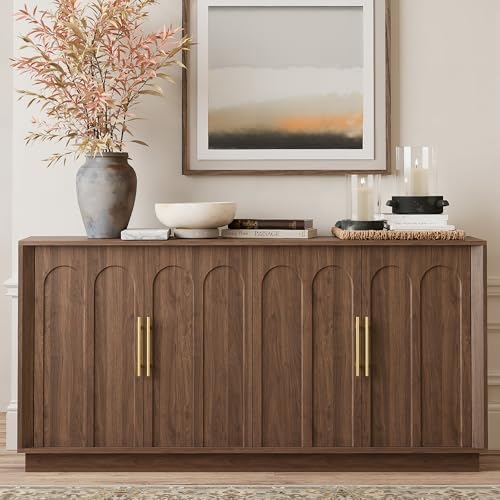 FORTUNETEC 67" Sideboard Buffet Cabinet with Storage, Arched Doors, Walnut by FORTUNETEC