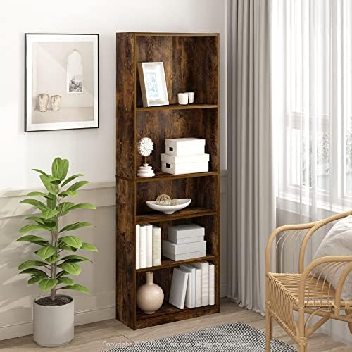 Furinno Jaya 5-Tier Book Shelf with Adjustable Shelves, Amber Pine - Image 2