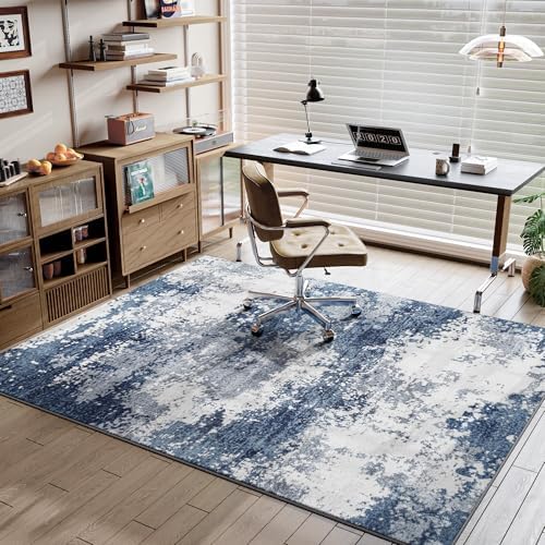 Blue Washable Rug 6x9 Area Rugs for Living Room Bedroom Carpet, Indoor Vintage Abstract Boho Large Rug Non Slip Faux Wool Rugs for Dorm, Dining Room Table, Nursery, Kids Playroom, Navy - Image 4