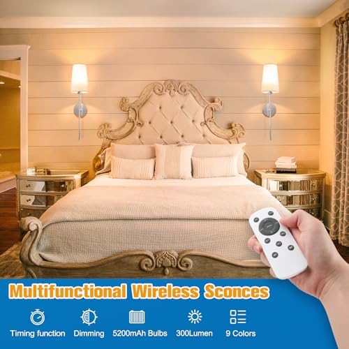 NIORSUN Brushed Nickel Battery Operated Wall Sconce Set of 2,Rechargeable Wall Lights with 10400mAh Dimmable Detachable Bulbs and Remote,9 Colors Wireless Sconces for Bedroom Living Room Hallway - Image 2
