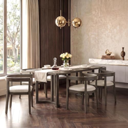 VilroCaz Acacia Wood 7 Piece Dining Table Set with 6 Upholstered Chairs - Image 2