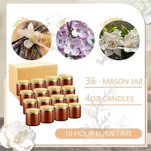 ACITHGL 36 Pcs 4oz Mini Mason Jar Candles Small Scented Candles Bulk Aromatherapy Ideal Souvenir Favors for Wedding Birthday Party (Vanilla, Lilac, Gardenia, Amber) - Image 3