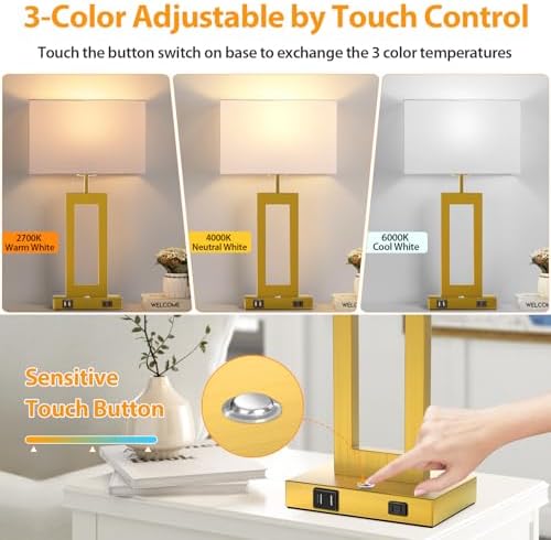 22’’ Touch Control Table Lamps Set of 2, 3 Color Temperatures Bedroom Bedside Lamps, Modern Gold Dimmable Lamps with USB Ports & AC Outlet, Tall Living Room Lamps for Nightstand End Table, 2 Bulbs - Image 2