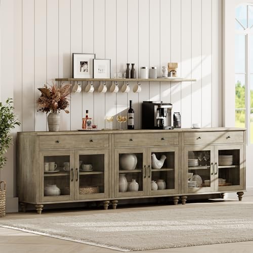 WAMPAT Sideboard Buffet Cabinets with 6 Glass Doors, Large Kitchen Storage Cabinets, Wooden Coffee Bar Tables with Vintage Gourd Leg, Sideboard Credenza Table for Dining Room, Living Room, Wash Grey - Image 3