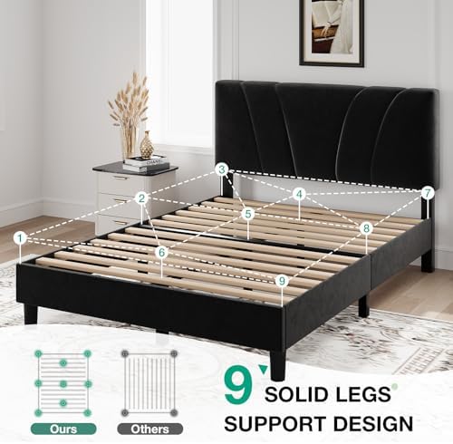Novilla Full Size Bed Frame with Headboard, Full Bed Frame with Wooden Slats Support, Velvet Upholstered Headboard, No Box Spring Needed, Heavy Duty Feet, Easy Assembly, Black Velvet - Image 5