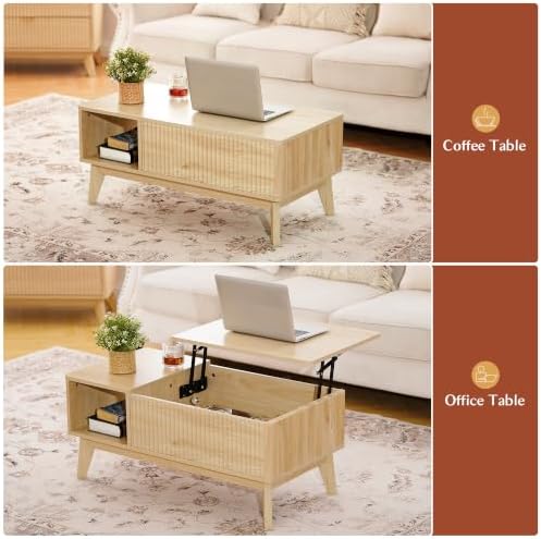 LYNCOHOME Fluted Lift Top Coffee Table with Storage, Modern Coffee Table for Living Room, Home Office(Natural) - Image 3