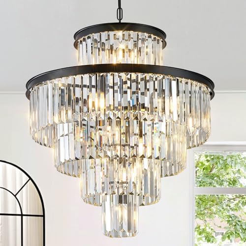 CATINER 24" Modern Crystal Chandeliers,15-Light Black Round Light Fixture by CATINER