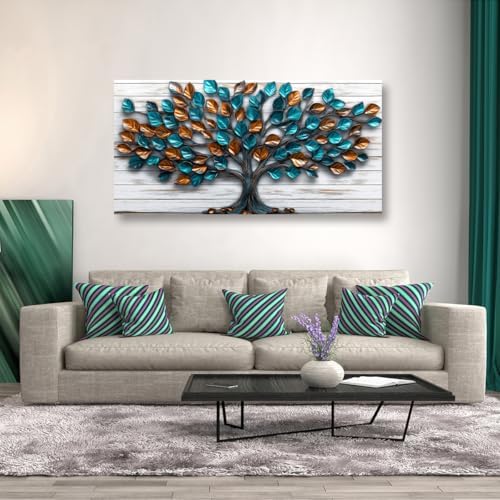 Tree Nature Wall Art Bedroom Abstract Wall Decor Living Room,Tree of Life Canvas Wall Art Office Farmhouse Paintings Artwork Modern Teal Golden Leaves Wall Art Prints Pictures 20 * 40inch - Image 4