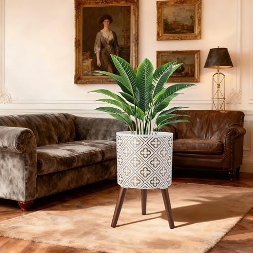 naclto 10 Inch Planter with Stand, Plant Pot for Indoor Plants, Large Modern Flower Pots Indoor Outdoor with Drainage for Home Garden Patio, White ＆ Gold - Image 4