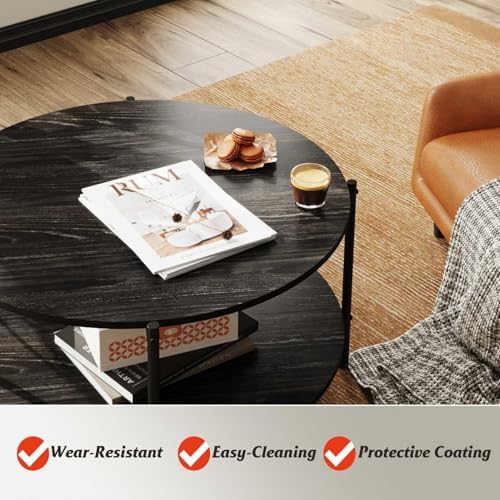 WLIVE Round Coffee Table for Living Room, 32.6" Small Coffee Table with Open Storage Shelf, 2-Tier Industrial Circle Wood Center Table for Bedroom, Home Office, Charcoal Black - Image 5
